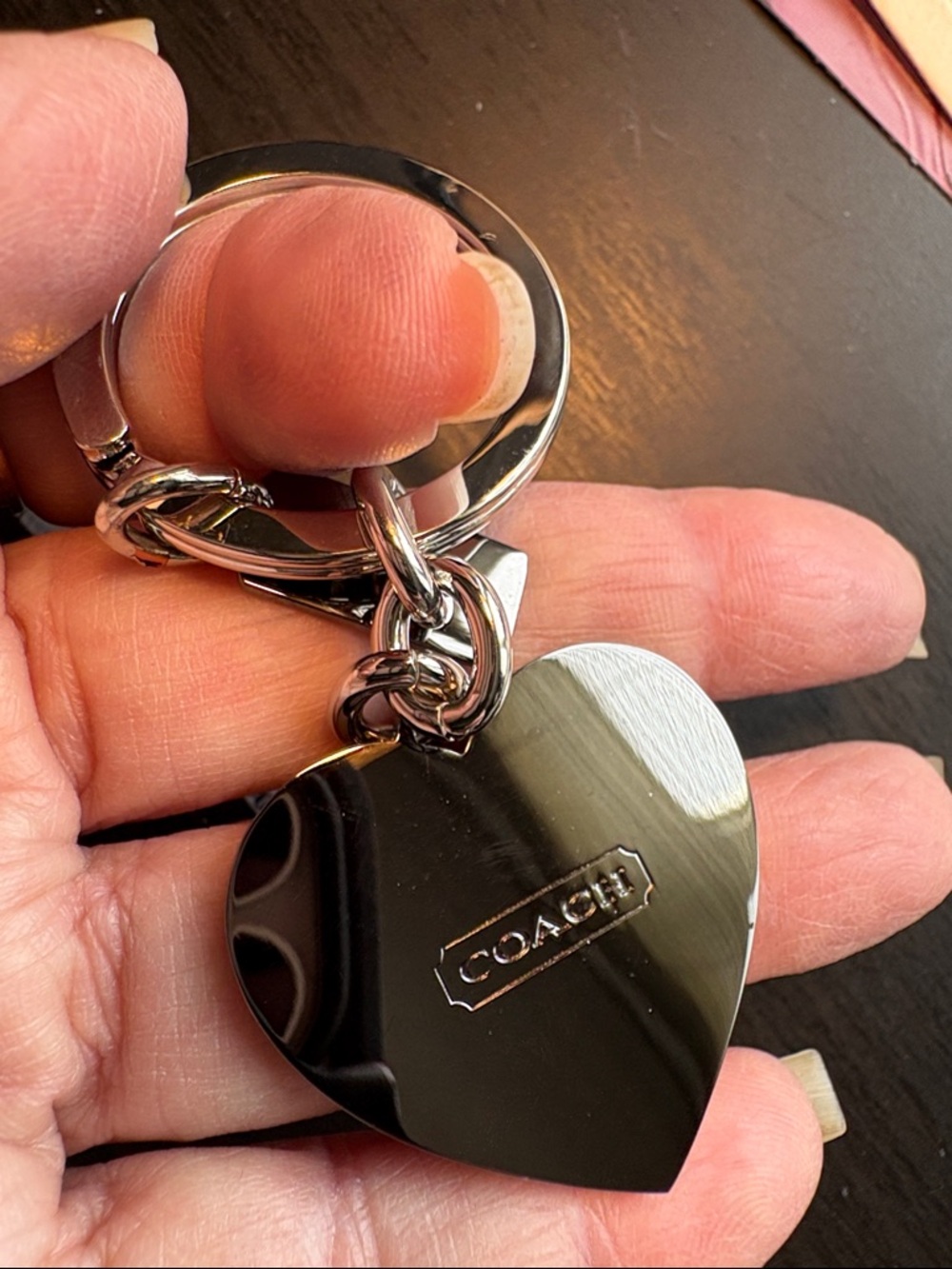 Coach Gunmetal Heart Keyring with Pebbled Texture - Picture 3 of 8